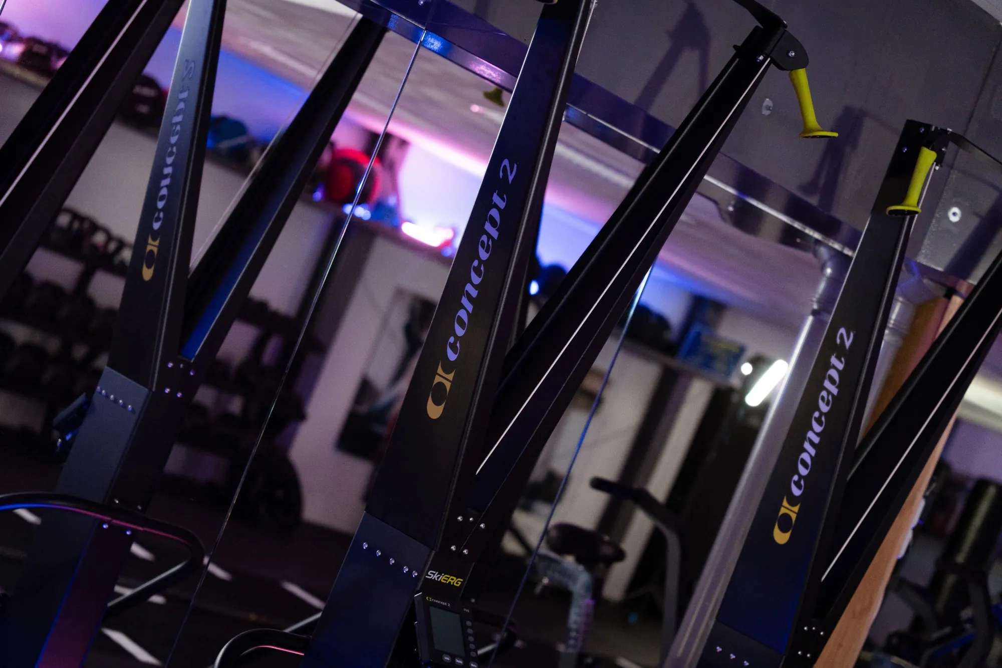 Een rij Concept2 SkiErgs in paars licht